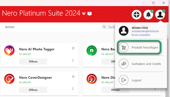 Nero Start-Produkt hinzufügen-Erster Schritt-Bildschirmfoto-Deutsch